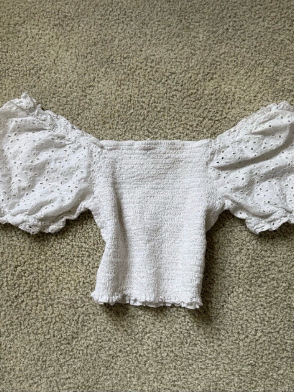 Fashion Nova White Eyelet Puff Sleeve Smocked Crop Top